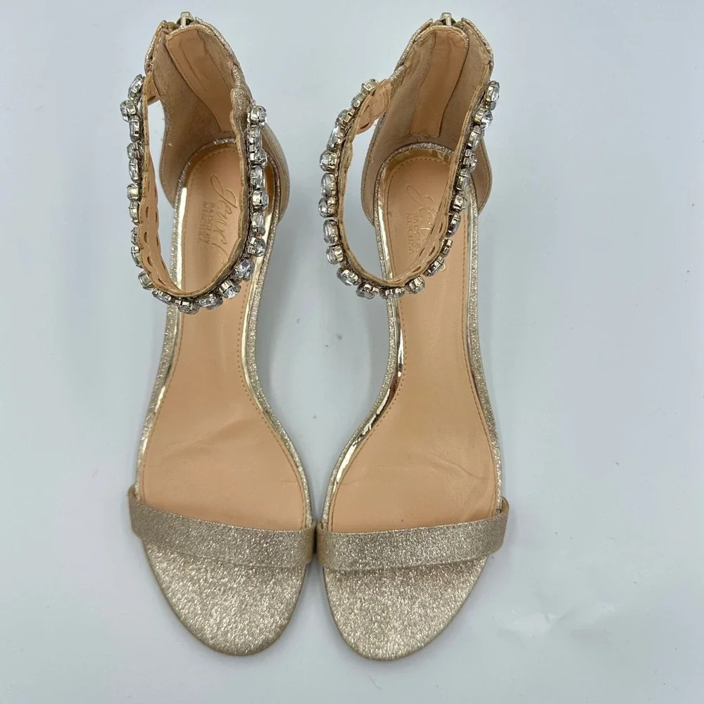Jewel‎ Badgley Mischka Gold Glitter Ankle Strap Sandals 10 w/ Box & Extras